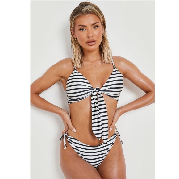 Black and White Tie Front Bikini Top - Picture 2 of 3